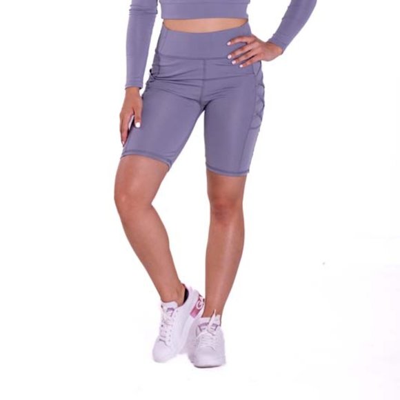 Long Sleeve Purple Crop Top And Biker Short Set - Picture 2 of 7